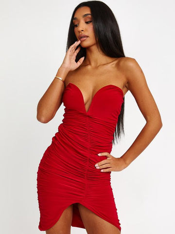 V-Bar Slinky Ruched Bandeau Dress In Red