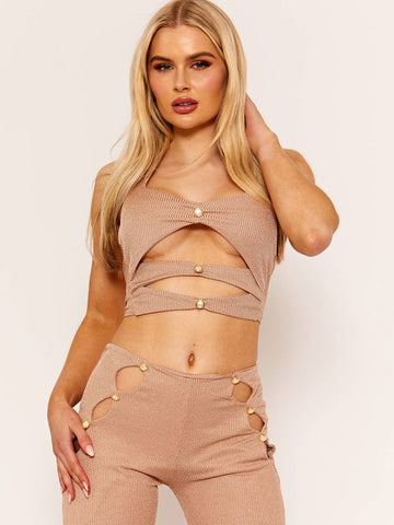 Jenna Ribbed Cut Out Detail Halter Crop Top and Trouser Co-ord In Stone
