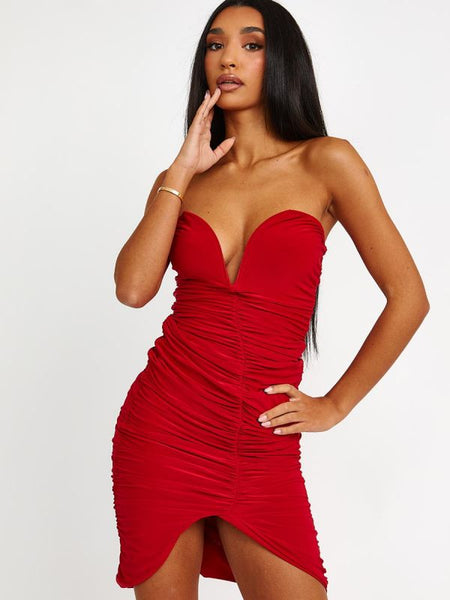 V-Bar Slinky Ruched Bandeau Dress In Red