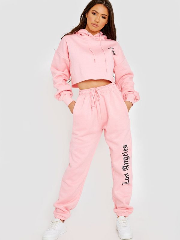 Los Angeles Cropped Hoodie & Jogger Fleece Co-ord In Pink
