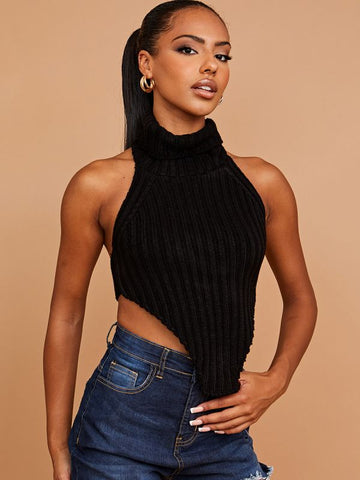 Halter Roll Neck Asymmetric Hem Knitted Crop Top In Black