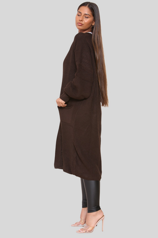 Brown Baloon Sleeve Knitted Cardigan