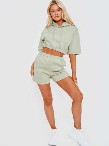 Cropped Hoodie & Shorts Fleece Co-ord In Green