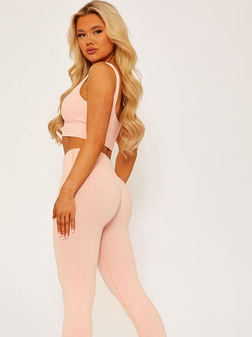 Padded Sports Bra and Legging Ribbed Activewear Set In Pink