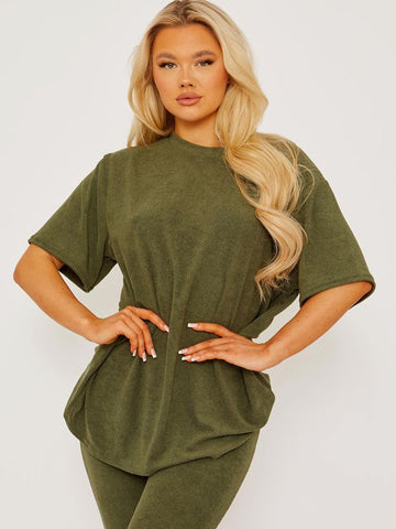 Towelling Fabric Oversized Top & Flare Trouser Co-ord In Khaki