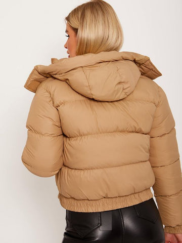 Hooded Padded Puffer Jacket In Stone
