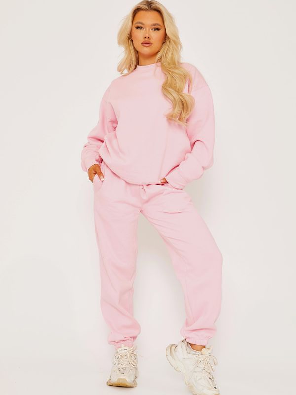 Oversized Plain Sweatshirt & Jogger Fleeced Co-ord In Pink