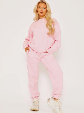 Oversized Plain Sweatshirt & Jogger Fleeced Co-ord In Pink