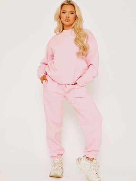 Oversized Plain Sweatshirt & Jogger Fleeced Co-ord In Pink