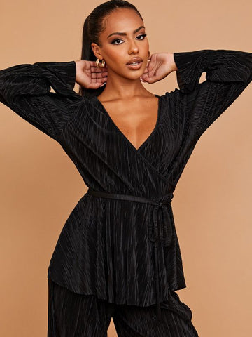Pleated Wrap Front Peplum Top & Trouser Co-ord In Black