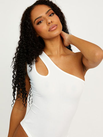 Cut Out One Shoulder Ribbed Bodysuit In Cream