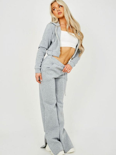 Zipped Hooded Top & Split Trouser Fleece Co-ord In Grey