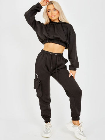 Fleeced Cropped Hoodie & Jogger Co-ord In Black