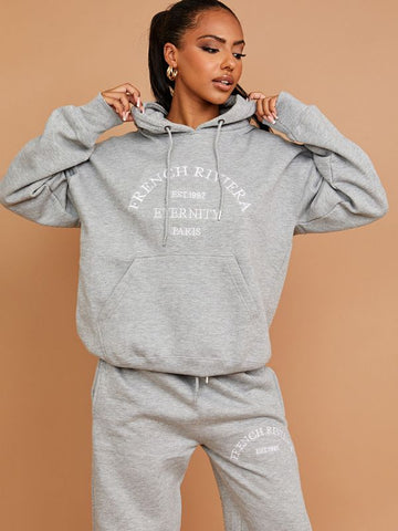 Embroidered French Riviera Hooded Fleece Co-ord In Grey