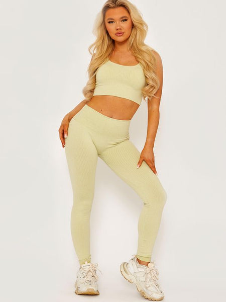 Padded Sports Bra and Legging Ribbed Activewear Set In Green