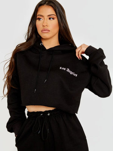 Los Angeles Cropped Hoodie & Jogger Fleece Co-ord In Black