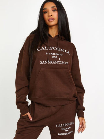 Embroidered California Hooded Fleece Co-ord In Chocolate