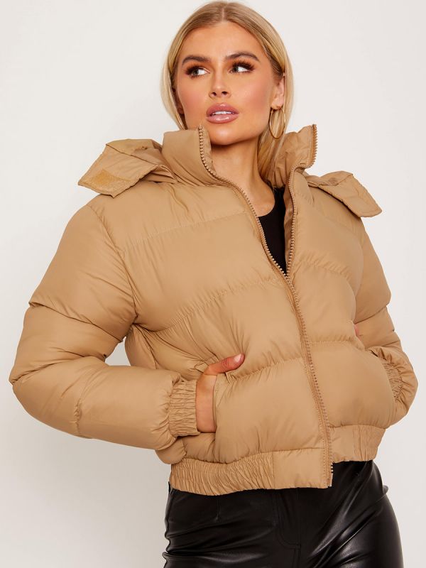 Hooded Padded Puffer Jacket In Stone