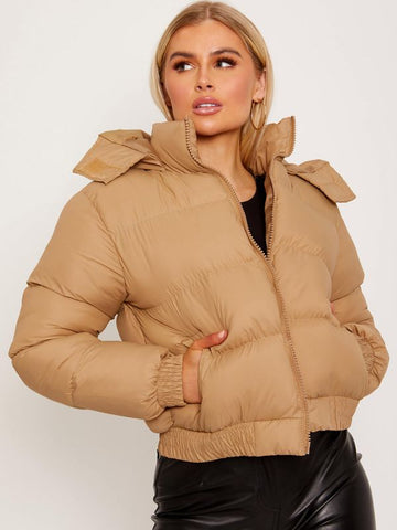 Hooded Padded Puffer Jacket In Stone
