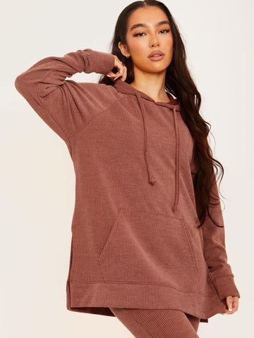 Ribbed Hooded Top & Flared Trouser Co-ord In Chocolate