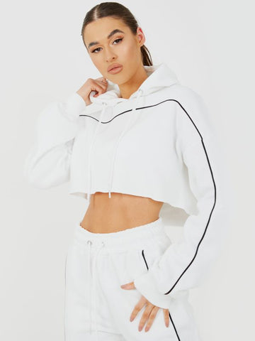 Piping Detail Cropped Hoodie & Jogger Co-ord In White