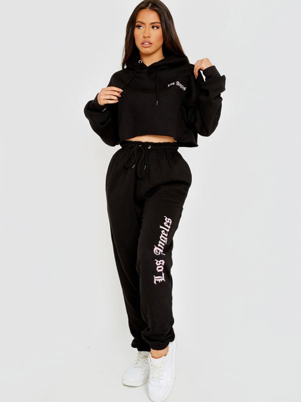 Los Angeles Cropped Hoodie & Jogger Fleece Co-ord In Black