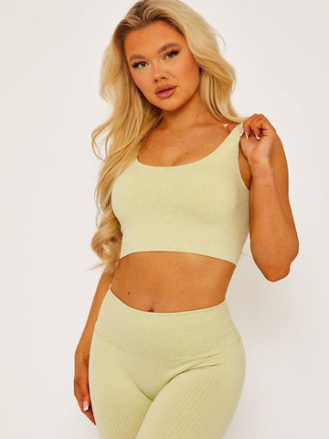 Padded Sports Bra and Legging Ribbed Activewear Set In Green