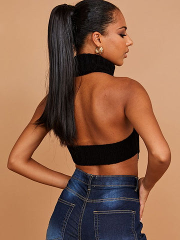 Halter Roll Neck Asymmetric Hem Knitted Crop Top In Black