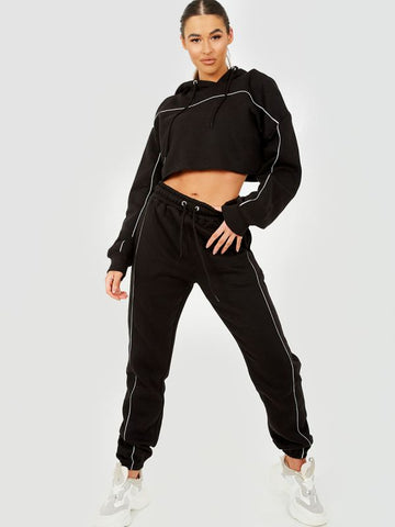 Piping Detail Cropped Hoodie & Jogger Co-ord In Black