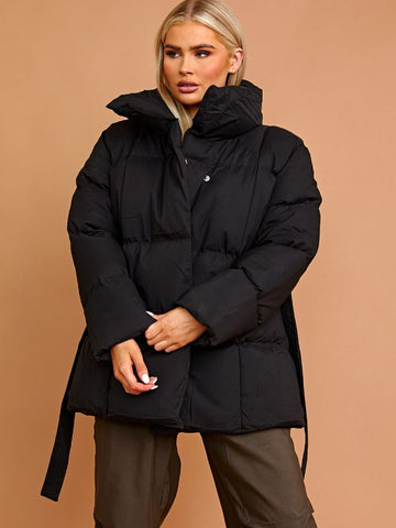 Oversized Padded Jacket With Belt In Black