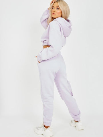 Fleeced Cropped Hoodie & Jogger Co-ord In Lilac