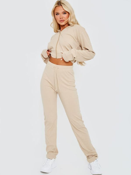 Ribbed Zip Up Hoodie & Trouser Co-ord In Stone