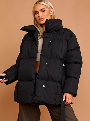Oversized Padded Jacket With Belt In Black
