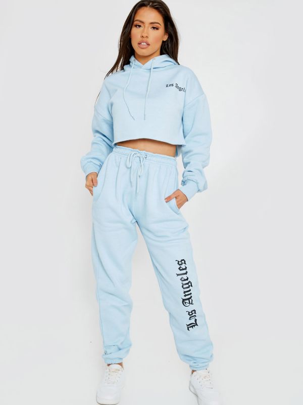 Los Angeles Cropped Hoodie & Jogger Fleece Co-ord In Blue