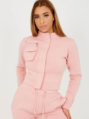 Utility Pocket Zipped Fleece Tracksuit In Pink