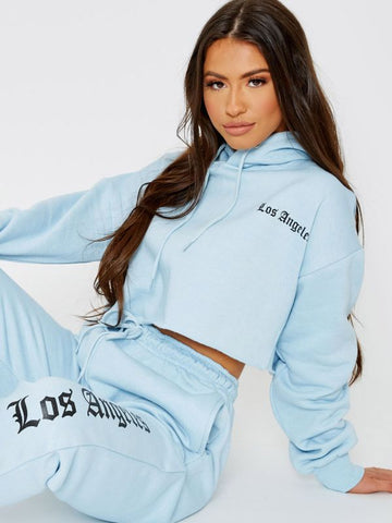 Los Angeles Cropped Hoodie & Jogger Fleece Co-ord In Blue