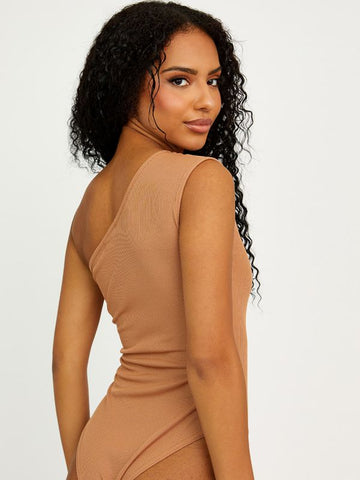 Cut Out One Shoulder Ribbed Bodysuit Camel