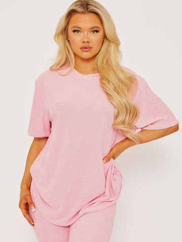 Towelling Fabric Oversized Top & Flare Trouser Co-ord In Pink