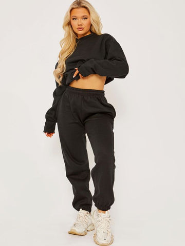 Oversized Plain Sweatshirt & Jogger Fleeced Co-ord In Black