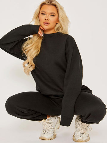 Oversized Plain Sweatshirt & Jogger Fleeced Co-ord In Black