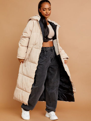 Longline Quilted Hooded Coat with Button Detail In Stone