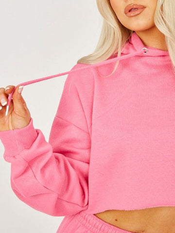 Raw Hem Cropped Hoodie & Jogger Fleece Co-ord In Fuchsia