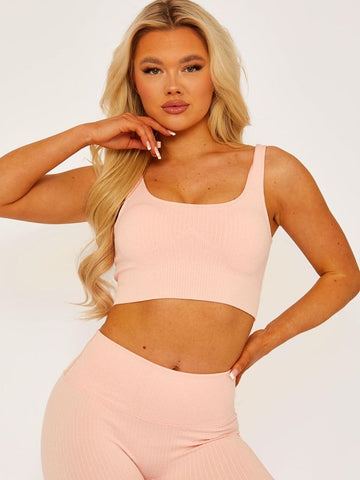 Padded Sports Bra and Legging Ribbed Activewear Set In Pink