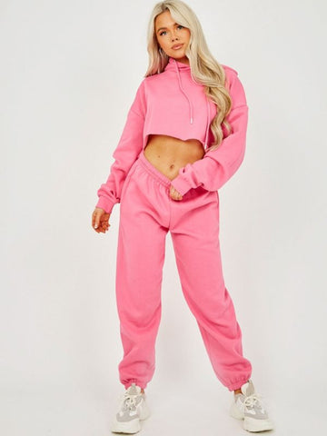 Raw Hem Cropped Hoodie & Jogger Fleece Co-ord In Fuchsia