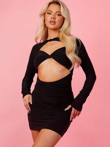 Cut Out Twist Front Slinky Ruched Dress In Black