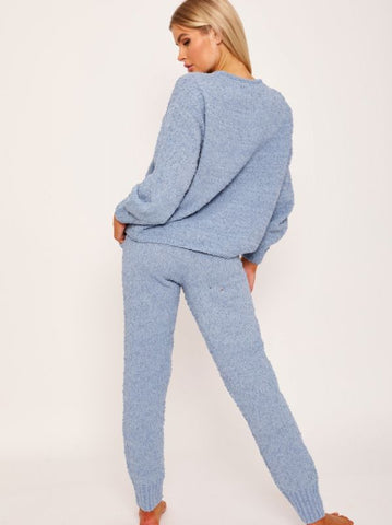 Fluffy Knitted Loungewear Set In Blue