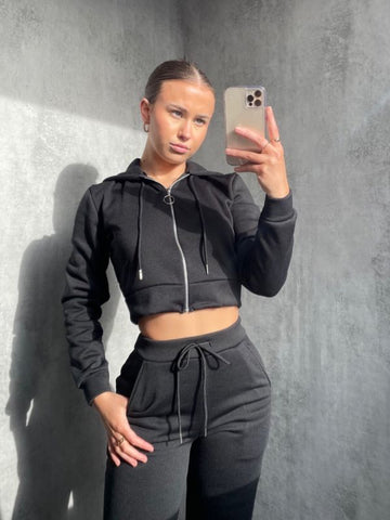 Zipped Hooded Top & Split Trouser Fleece Co-ord In Black