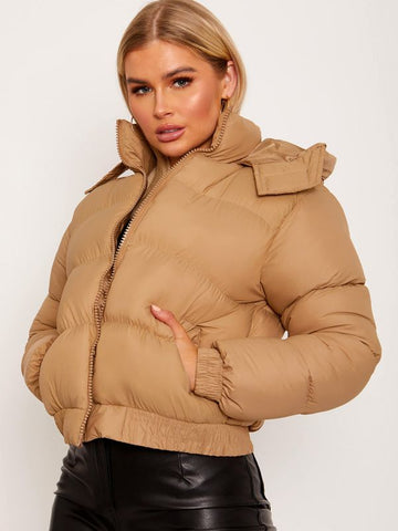 Hooded Padded Puffer Jacket In Stone
