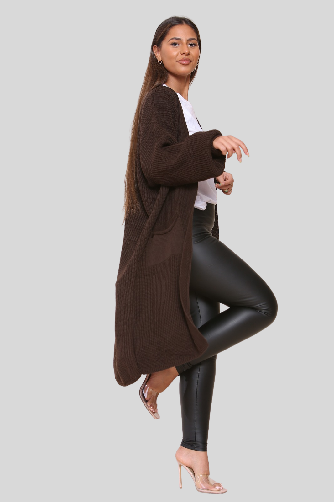 Brown Baloon Sleeve Knitted Cardigan