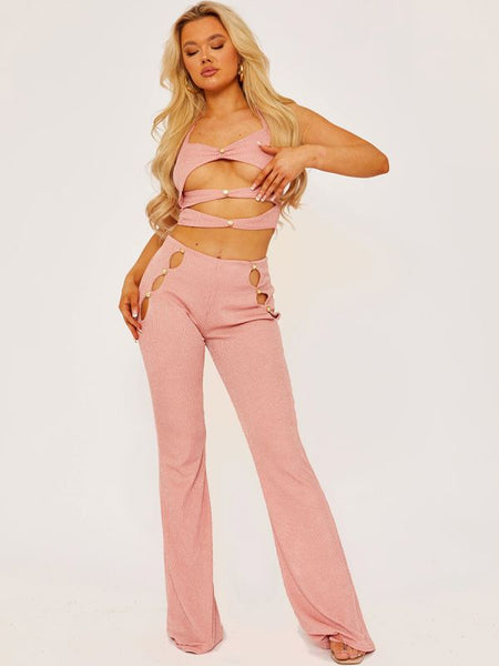 Jenna Ribbed Cut Out Detail Halter Crop Top and Trouser Co-ord In Rose